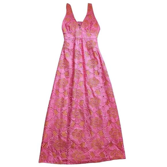 Lilly Pulitzer Maxi Dress Womens 2 Floral Eyelet Formal Wedding Baby Bridal Show - Picture 2 of 5